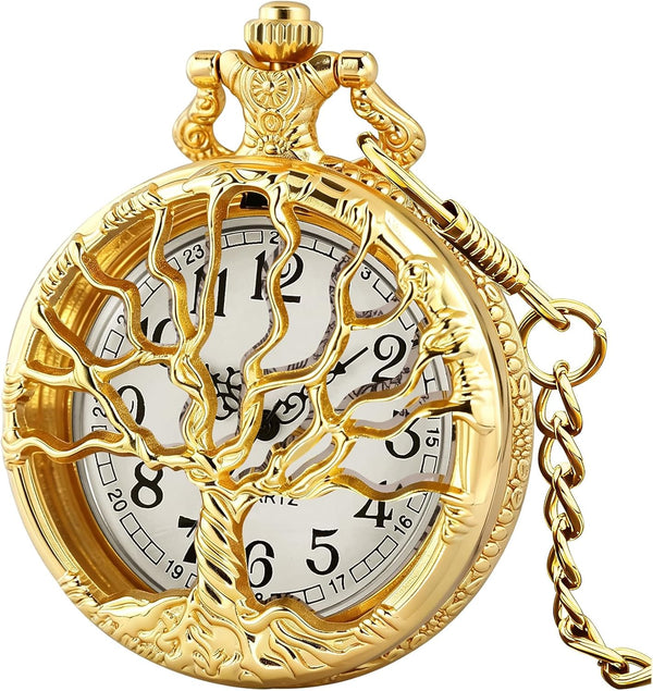 Pocket Watch Hollow Tree of Life Design Roman Numerals Customizable Qu