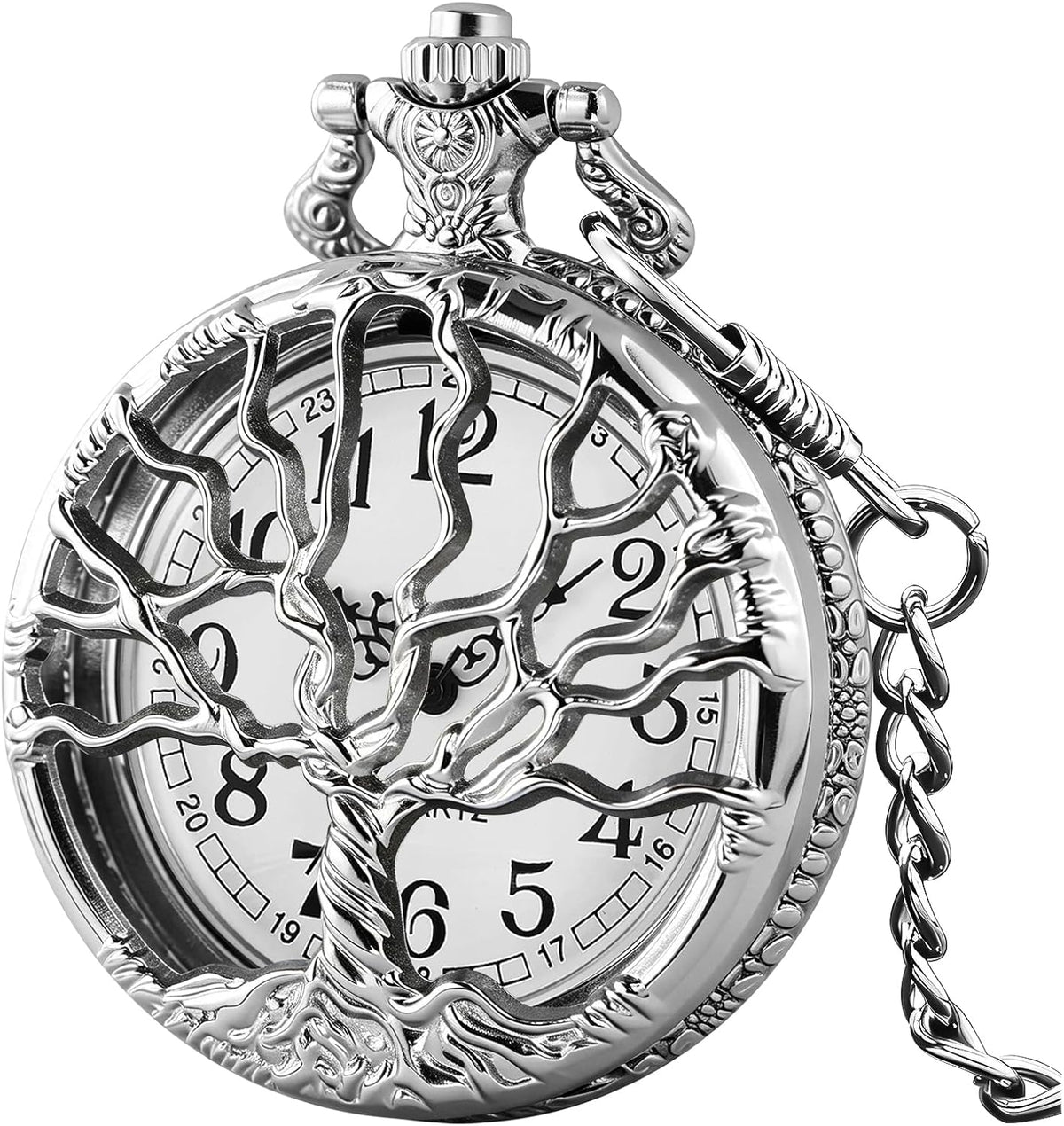 Pocket Watch Hollow Tree of Life Design Roman Numerals Customizable Qu