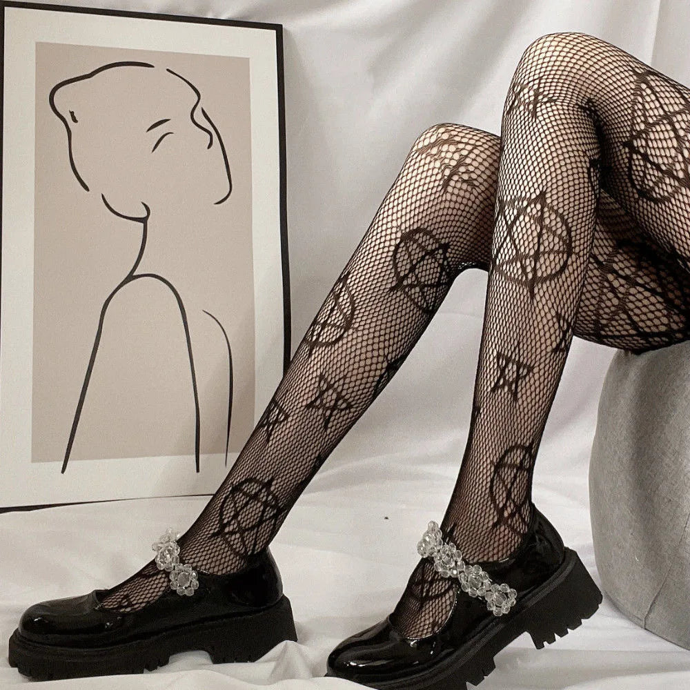 Gothic Lolita Cross Print Fishnet Pantyhose