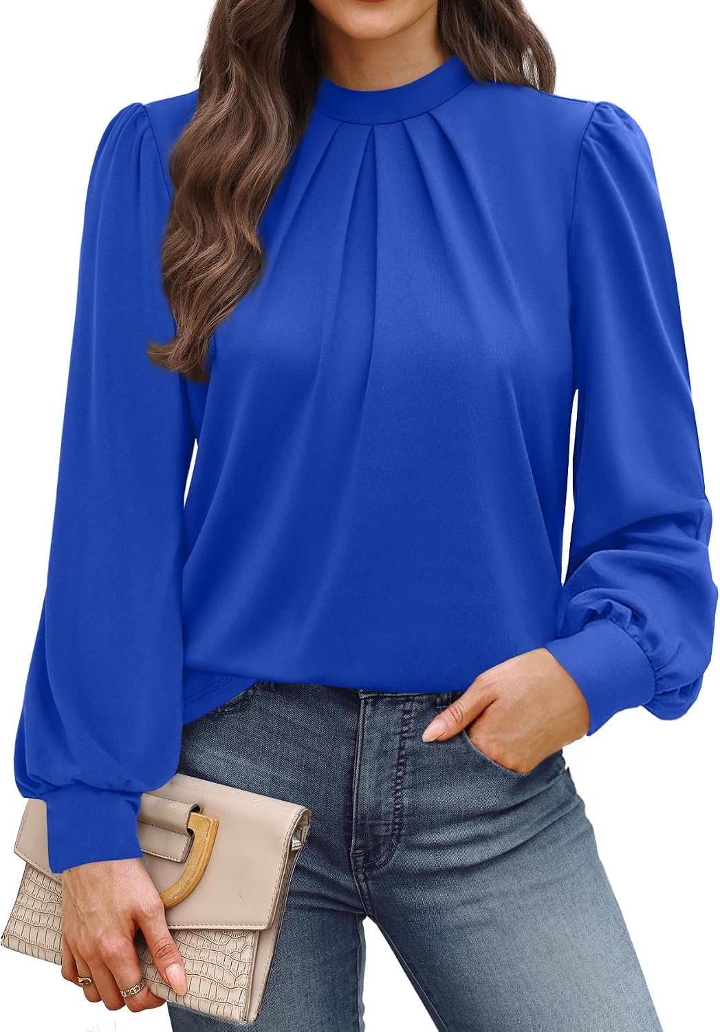 WIHOLL Long Sleeve Shirts for Women Mock Neck Tops Pleated Front Blouses Dressy Casual Spring Fall Clothes 2026 Fashion