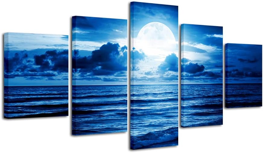 Blue Clouds 5-Piece Canvas Wall Art — Moon Sea Beach Landscape (Modern Art Deco)
