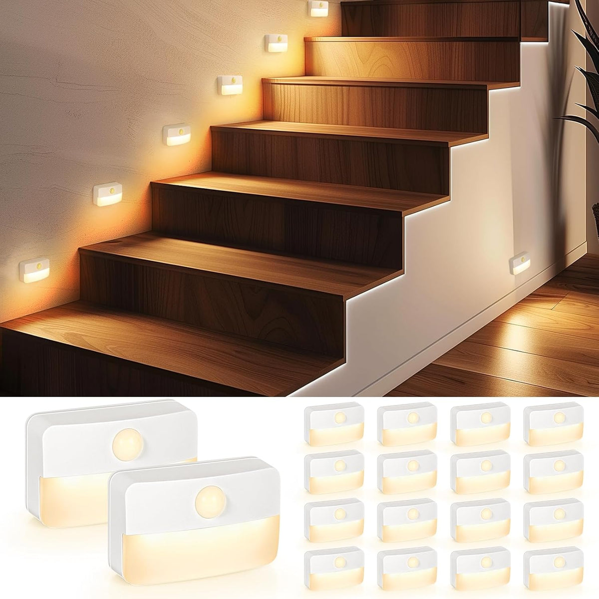 8 Pack Motion Sensor Stair LED Light, Wireless Stick on Anywhere Hallway Lamp, Portable LED Night...