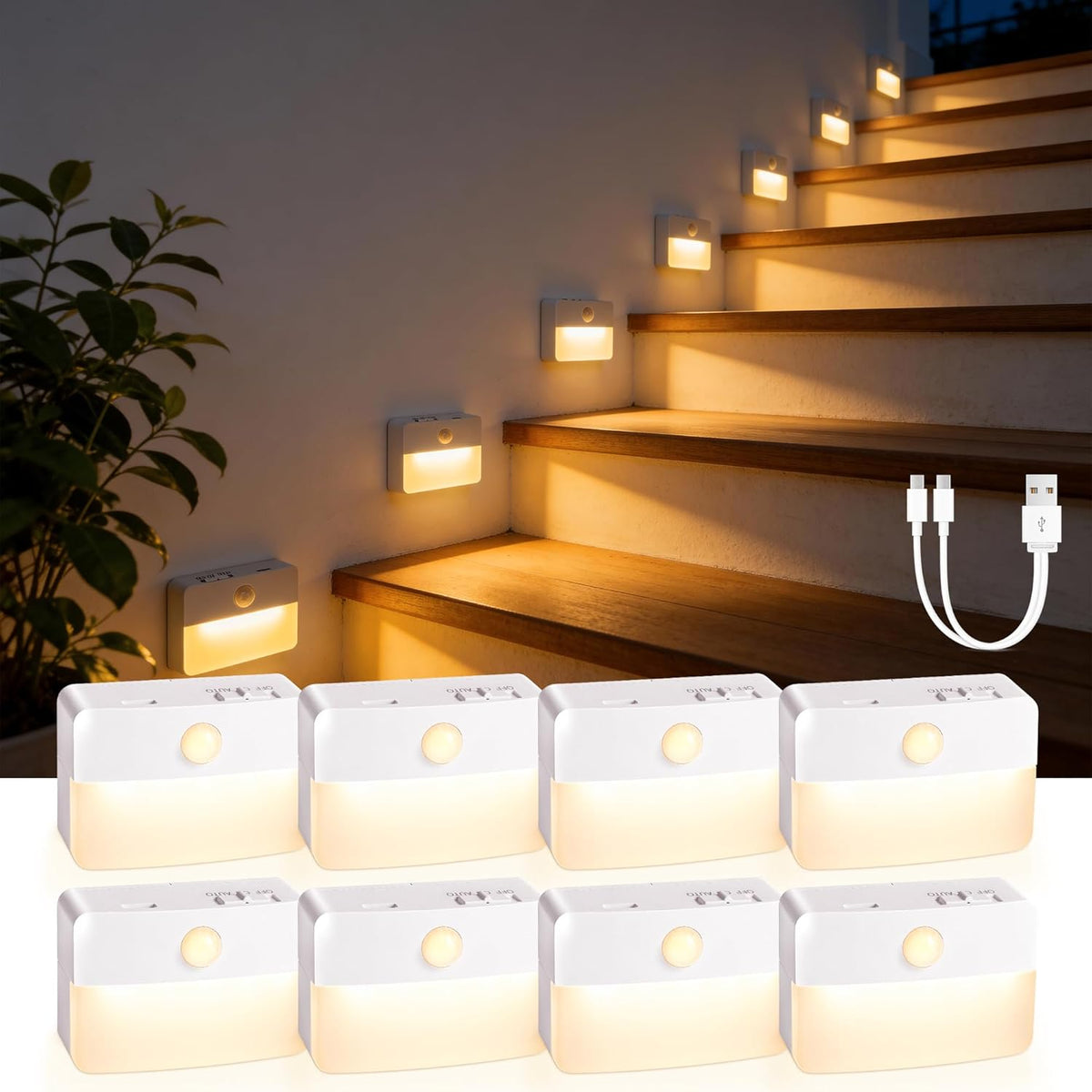 8 Pack Motion Sensor Stair LED Light, Wireless Stick on Anywhere Hallway Lamp, Portable LED Night...