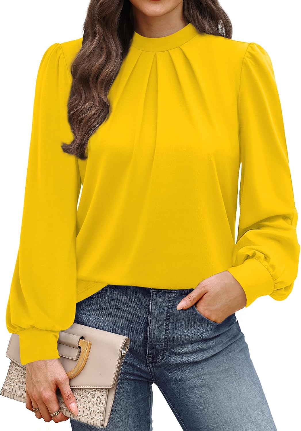 WIHOLL Long Sleeve Shirts for Women Mock Neck Tops Pleated Front Blouses Dressy Casual Spring Fall Clothes 2026 Fashion