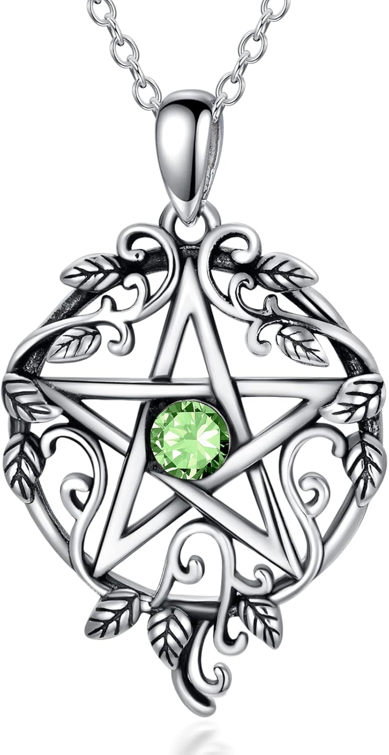 Sterling Silver Pentagram Necklace with Birthstone Tetragrammaton