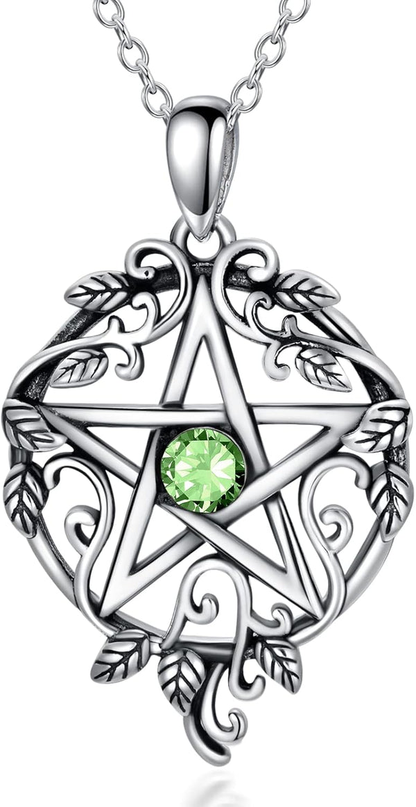 Sterling Silver Pentagram Necklace with Birthstone Tetragrammaton