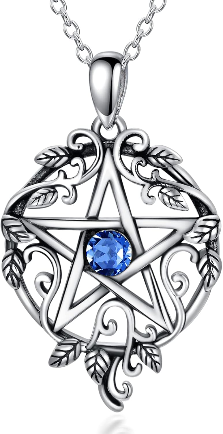 Sterling Silver Pentagram Necklace with Birthstone Tetragrammaton