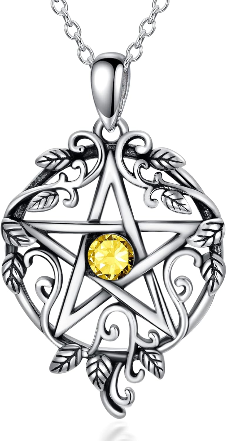 Sterling Silver Pentagram Necklace with Birthstone Tetragrammaton