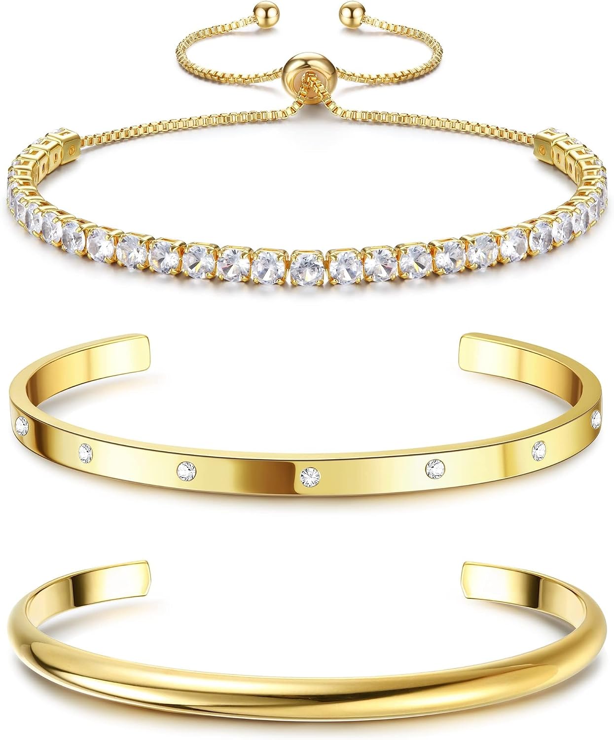 14K Gold Bracelets for Women Trendy Bangle Cuff Tennis Bracelets Set Secondary image