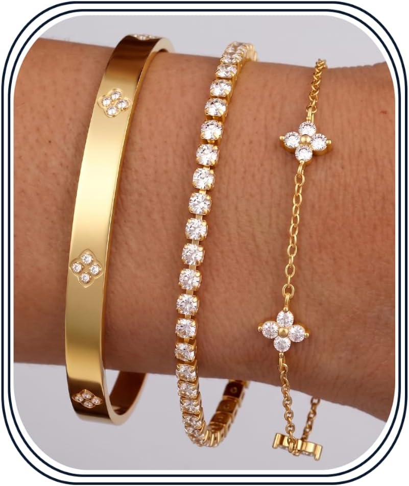 14K Gold Bracelets for Women Trendy Bangle Cuff Tennis Bracelets Set