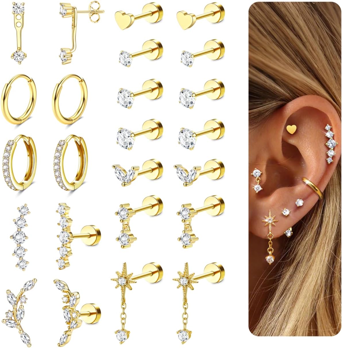 LOLIAS Hypoallergenic Flat Back Earrings-Cartilage Earring Stacks-Surgical Steel Earrings