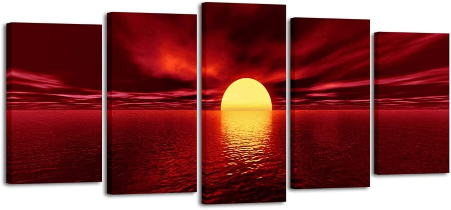 Red Sun 5-Piece Modern Canvas Wall Art