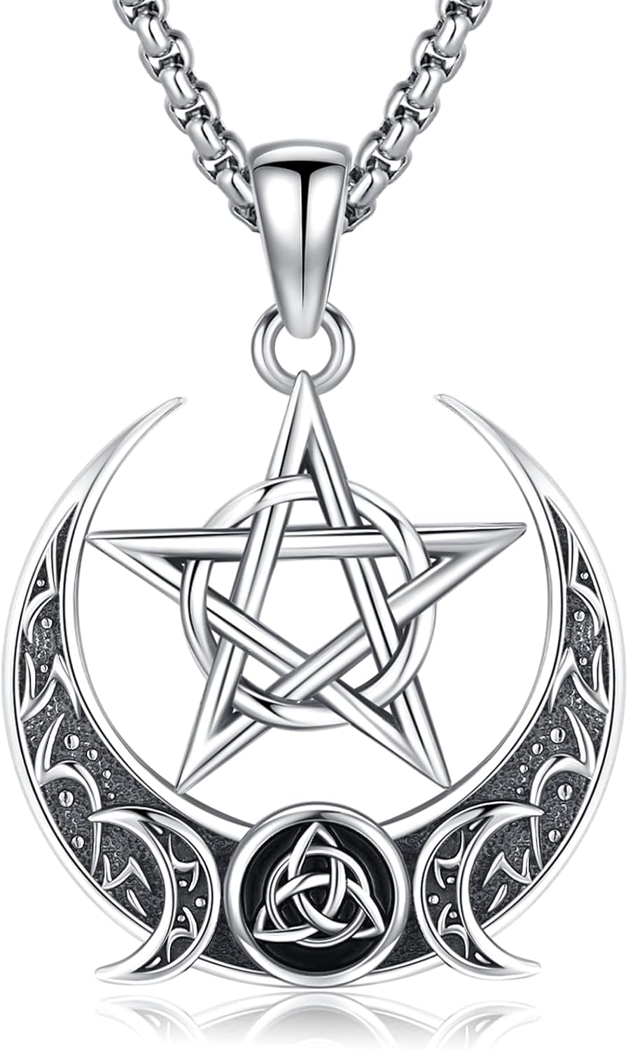 Sterling Silver Pentagram Necklace Triple Moon Tetragrammaton