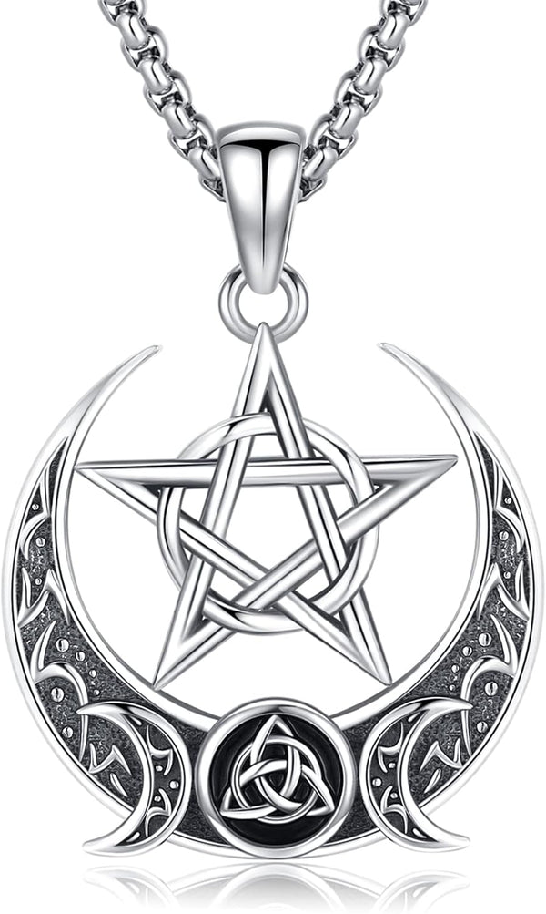Sterling Silver Pentagram Necklace Triple Moon Tetragrammaton