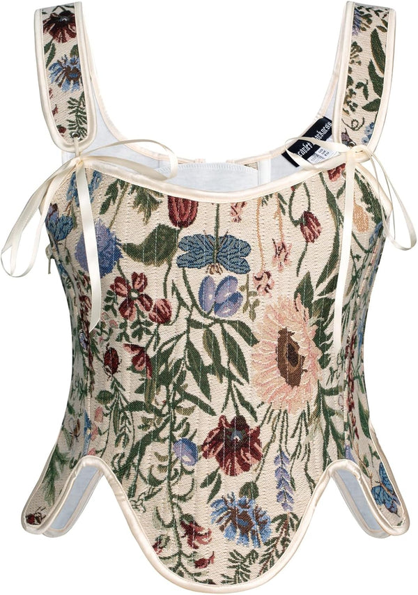 Renaissance Floral Lace-Up Bustier with Zipper
