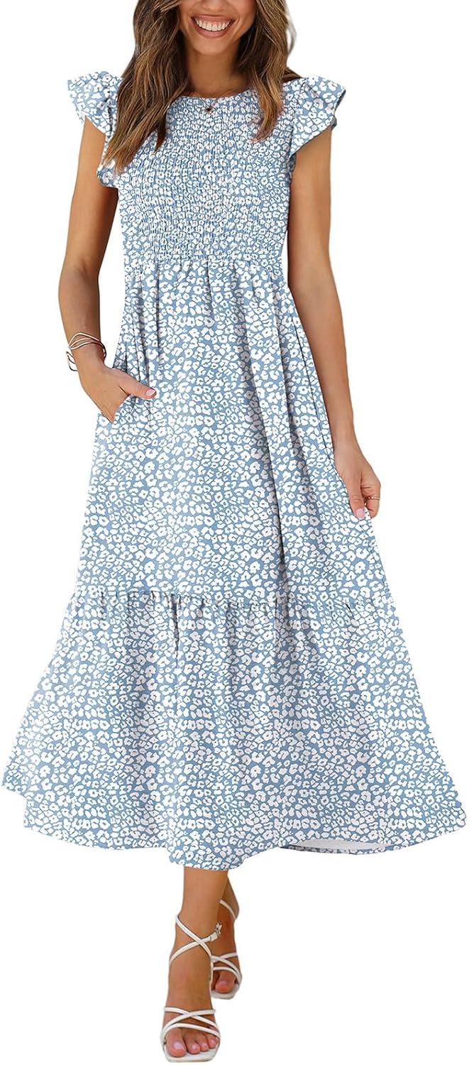 OFEEFAN Women's Casual Maxi Dresses with Pockets Ruffle Sleeve Smocked Dress XS-2XL