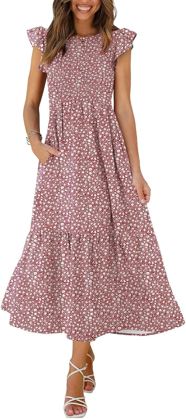 OFEEFAN Women's Casual Maxi Dresses with Pockets Ruffle Sleeve Smocked Dress XS-2XL