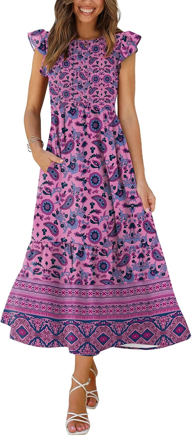 OFEEFAN Women's Casual Maxi Dresses with Pockets Ruffle Sleeve Smocked Dress XS-2XL