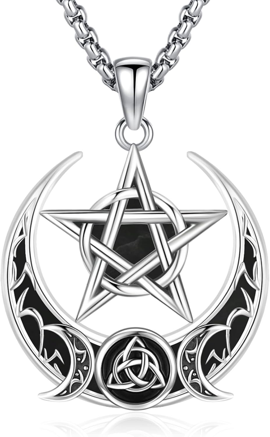 Sterling Silver Pentagram Necklace Triple Moon