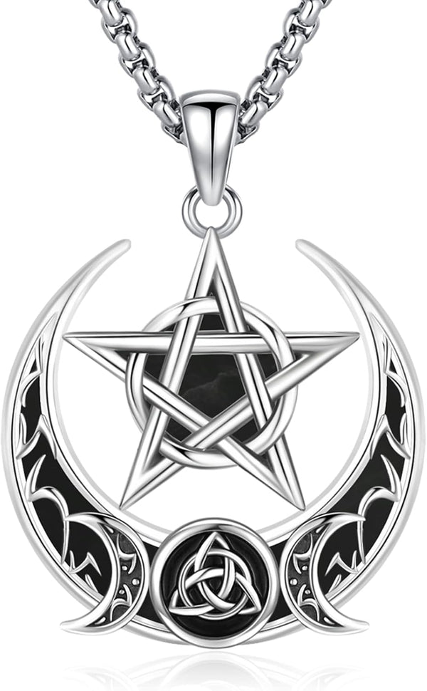 Sterling Silver Pentagram Necklace Triple Moon