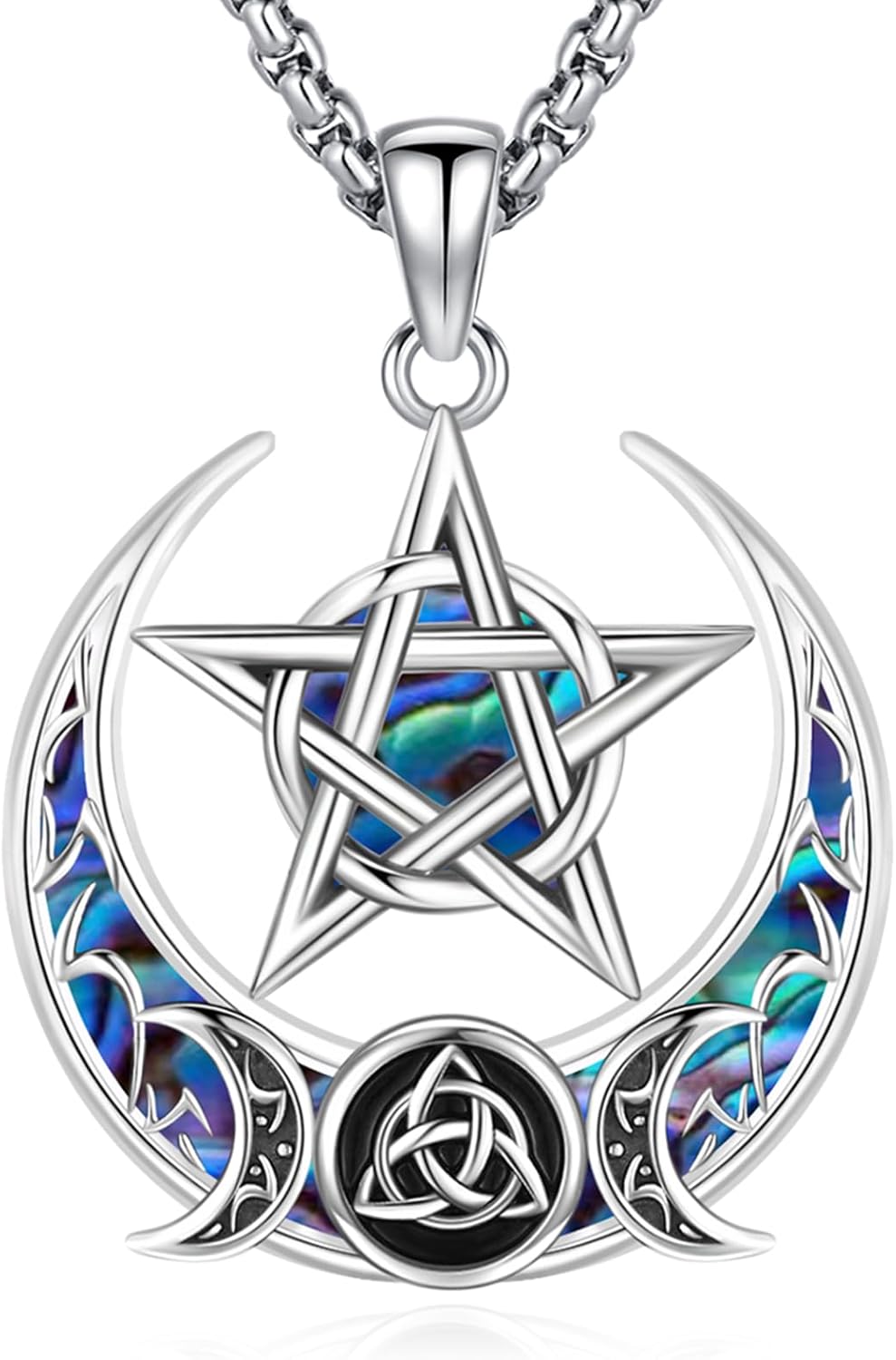 Sterling Silver Pentagram Necklace Triple Moon Tetragrammaton