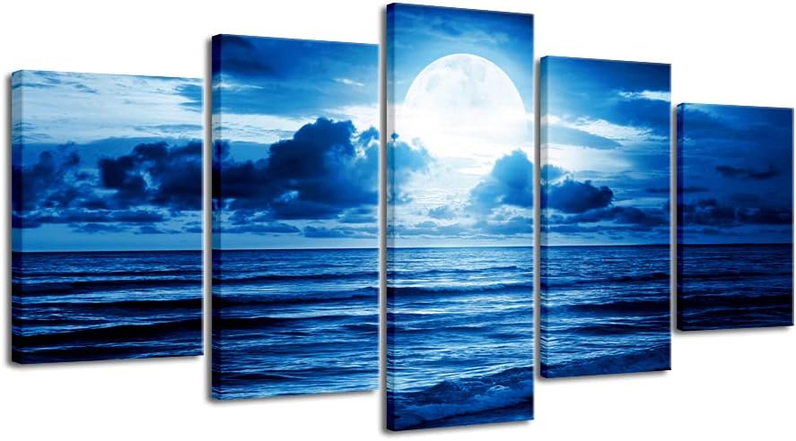Blue Clouds 5-Piece Canvas Wall Art — Moon Sea Beach Landscape (Modern Art Deco)