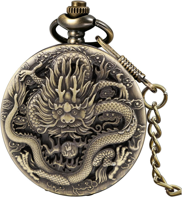 Dragon Design Quartz Pocket Watch Roman Numerals with Chain Birthdays