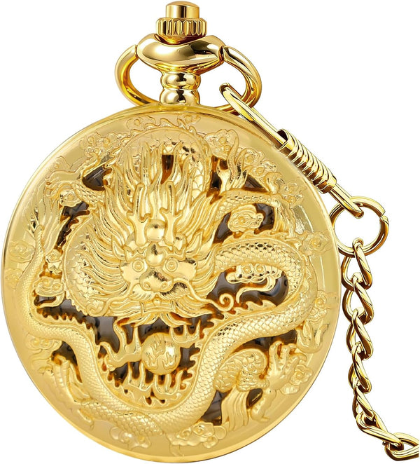 Dragon Design Quartz Pocket Watch Roman Numerals with Chain Birthdays