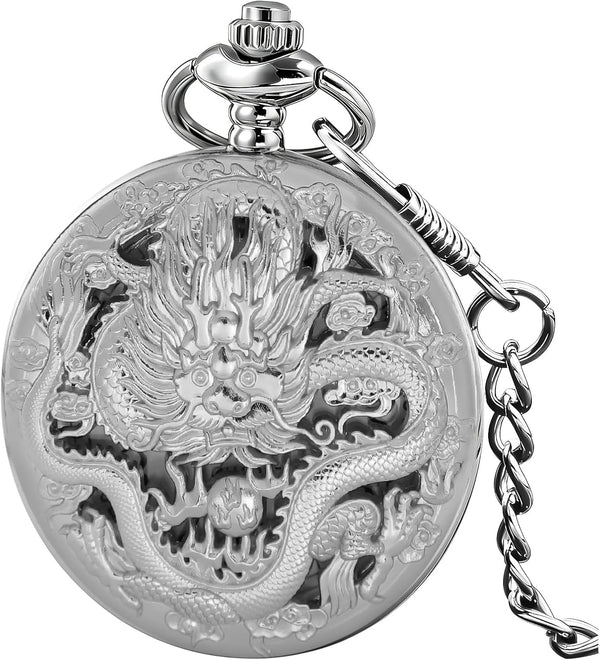 Dragon Design Quartz Pocket Watch Roman Numerals with Chain Birthdays