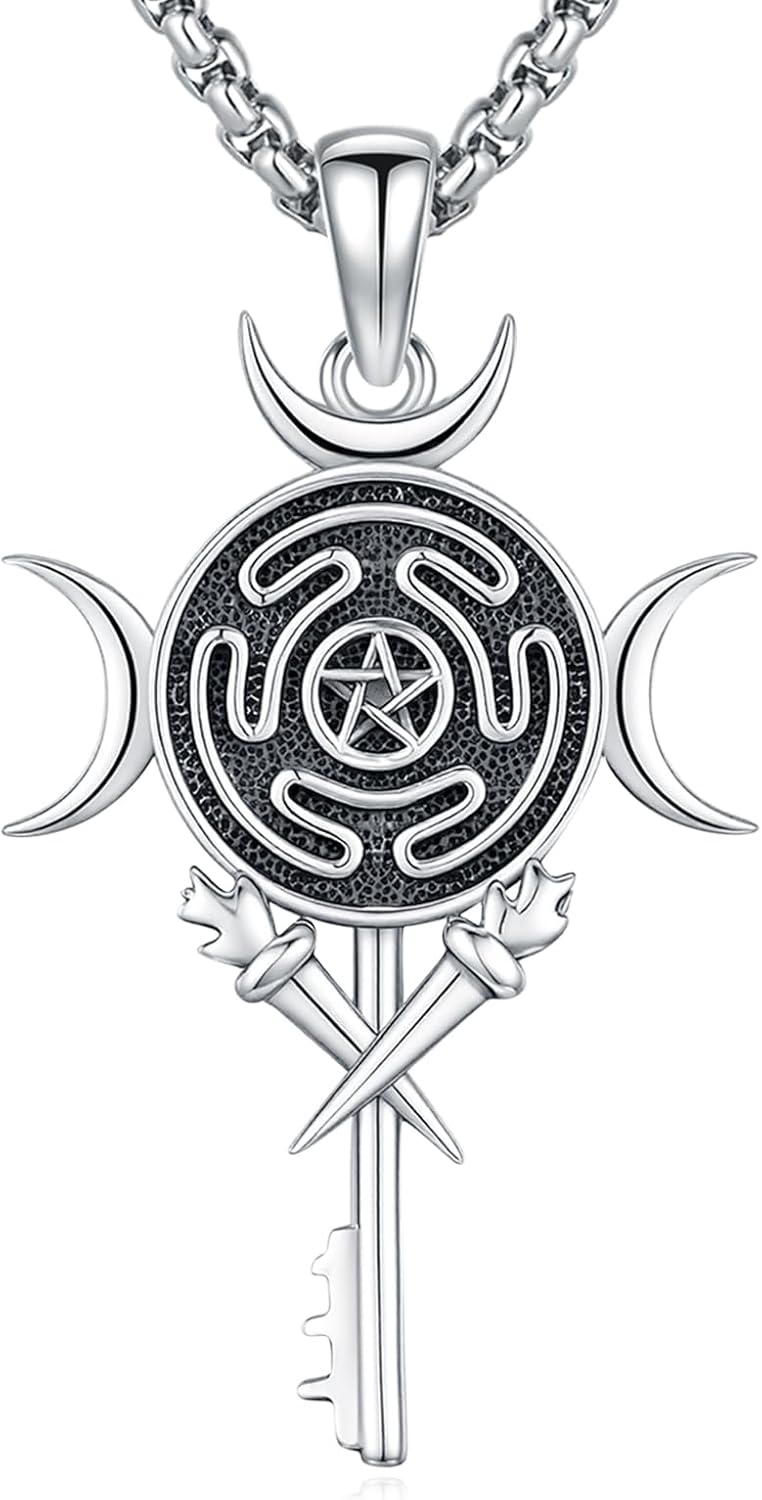 Sterling Silver Pentagram Necklace Triple Moon