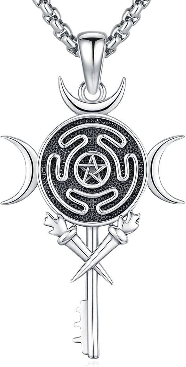 Sterling Silver Pentagram Necklace Triple Moon