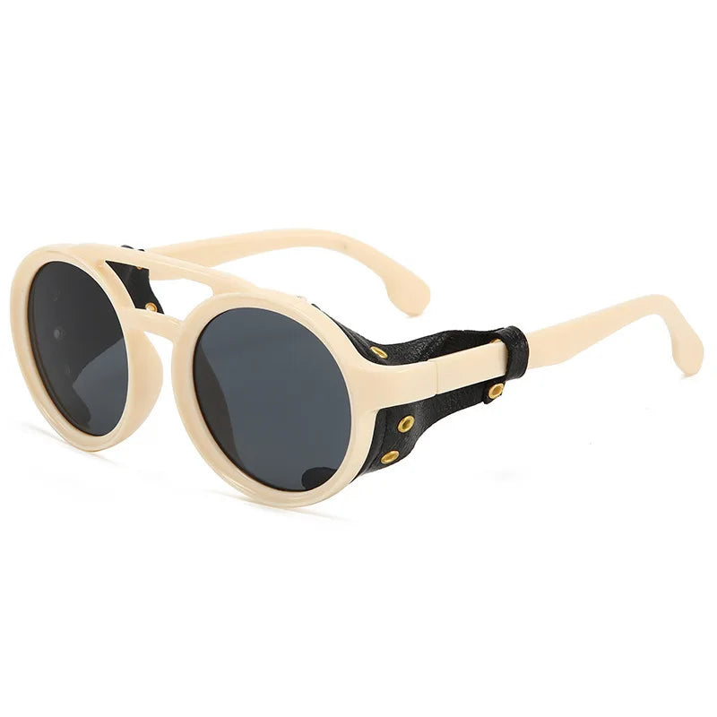 Retro Round Steampunk Sunglasses with Leather Shades