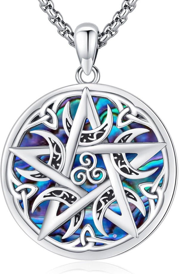 Sterling Silver Pentagram Necklace Triple Moon