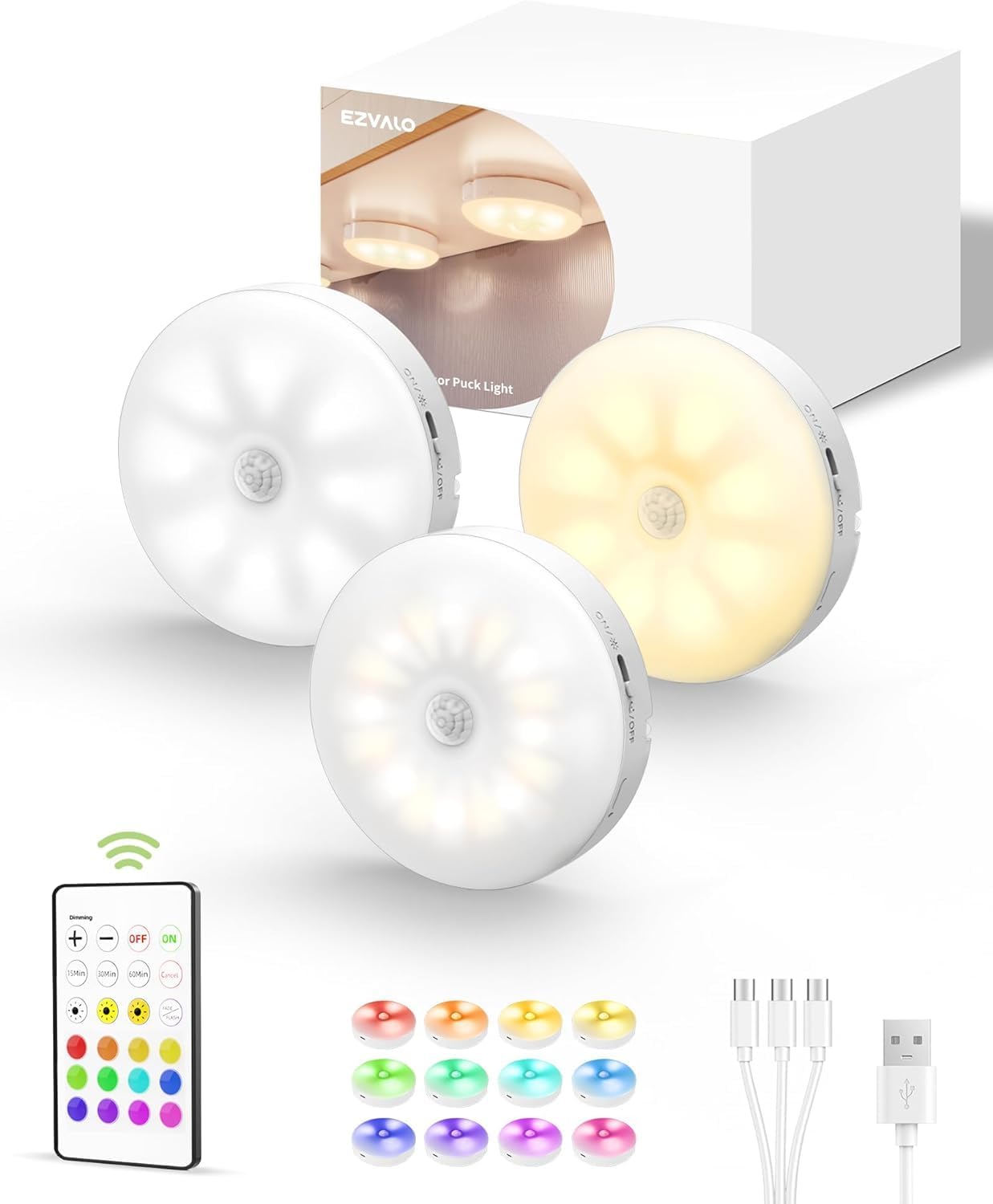 Ezvalo 6-pack Under Cabinet Lighting, Rechargeable Motion Sensor Puck LED Light for Kitchen, Home...