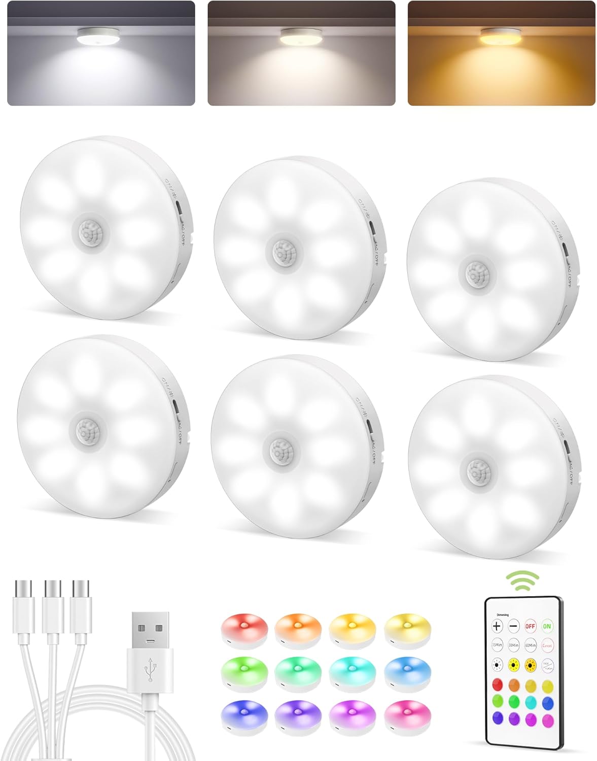 Ezvalo 6-pack Under Cabinet Lighting, Rechargeable Motion Sensor Puck LED Light for Kitchen, Home...
