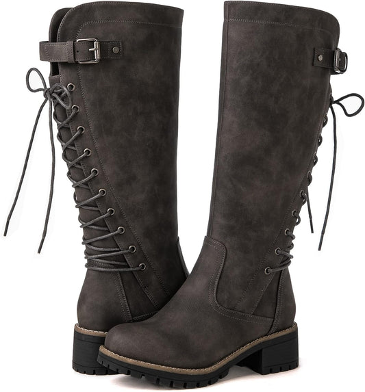 GLOBALWIN Women's Lace Up Back Knee High Fashion Boots