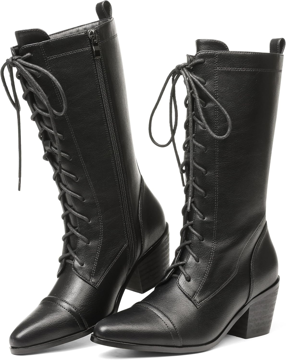 SaraIris Women's Black Mid Calf Boots Lace Up Chunky Heel Vintage Combat Heeled Dress Casual Boots