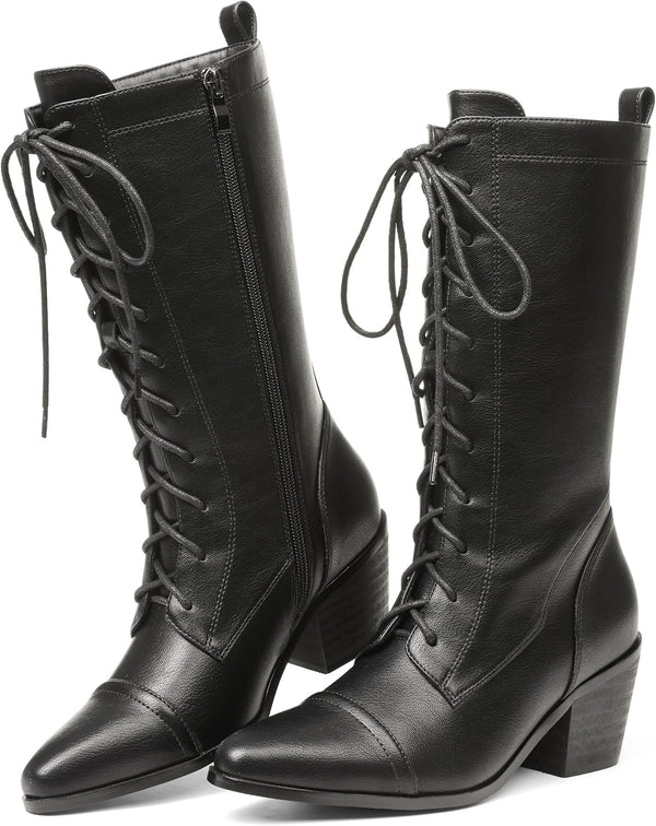SaraIris Women's Black Mid Calf Boots Lace Up Chunky Heel Vintage Combat Heeled Dress Casual Boots