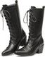 SaraIris Women's Black Mid Calf Boots Lace Up Chunky Heel Vintage Combat Heeled Dress Casual Boots