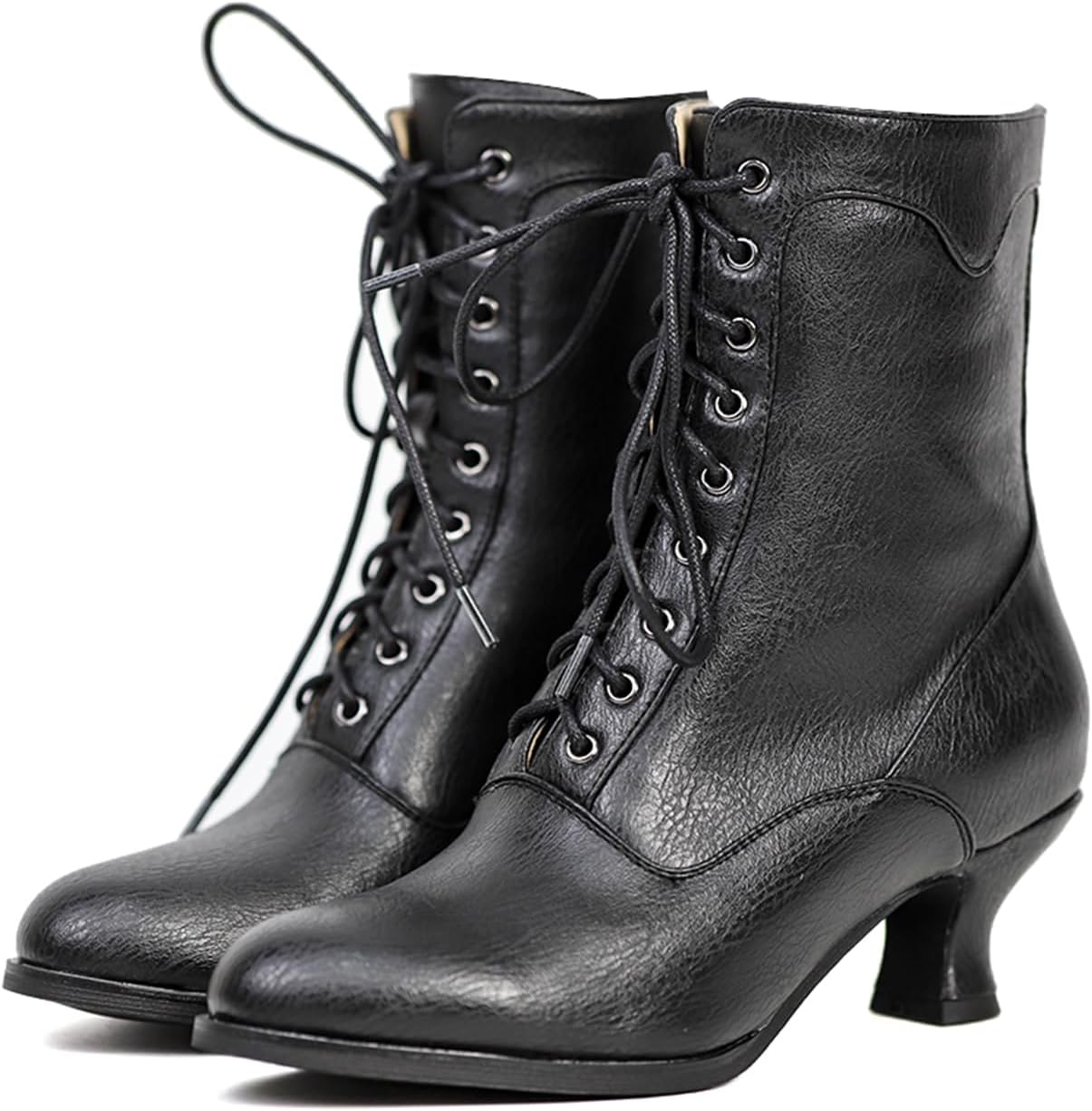 Women's Victorian Ankle Boots - Mid Calf, Round Toe, Black Boots with Chunky Heel & Lace Up Detail Secondary image