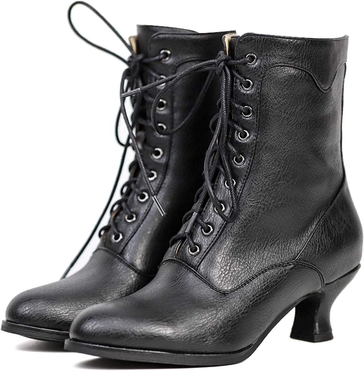 Women's Victorian Ankle Boots - Mid Calf, Round Toe, Black Boots with Chunky Heel & Lace Up Detail