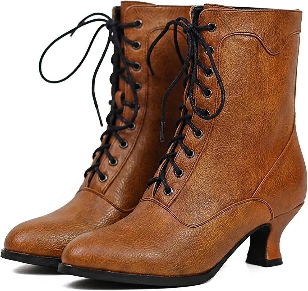 Women's Victorian Ankle Boots - Mid Calf, Round Toe, Black Boots with Chunky Heel & Lace Up Detail