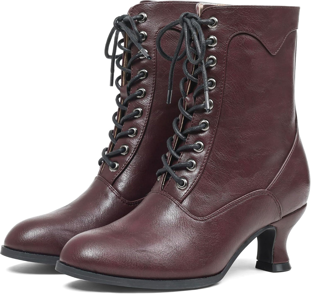 Women's Victorian Ankle Boots - Mid Calf, Round Toe, Black Boots with Chunky Heel & Lace Up Detail