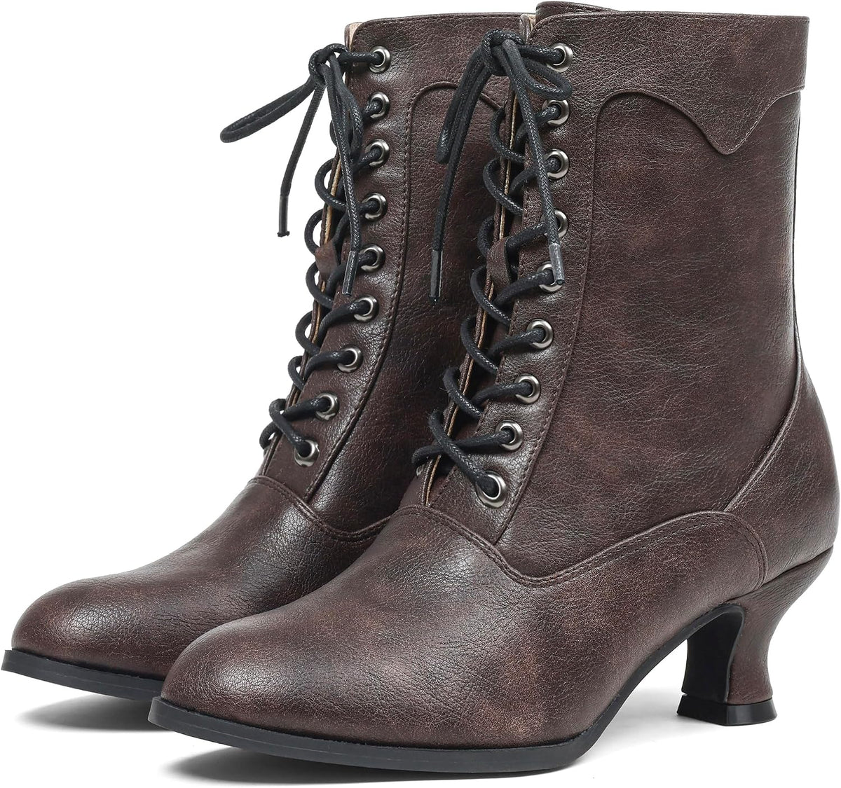 Women's Victorian Ankle Boots - Mid Calf, Round Toe, Black Boots with Chunky Heel & Lace Up Detail