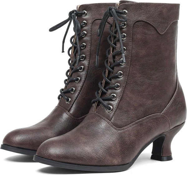 Women's Victorian Ankle Boots - Mid Calf, Round Toe, Black Boots with Chunky Heel & Lace Up Detail