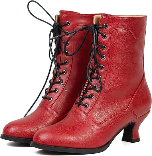 Women's Victorian Ankle Boots - Mid Calf, Round Toe, Black Boots with Chunky Heel & Lace Up Detail