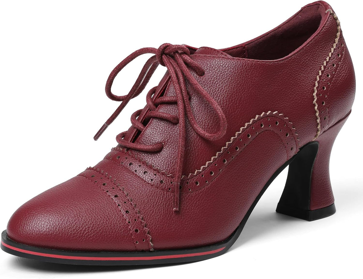 Women's Black Oxfords Dress Wingtip Vintage Comfortable Chunky High Heel Lace Up Brogues Booties Main image