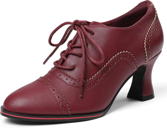 Women's Black Oxfords Dress Wingtip Vintage Comfortable Chunky High Heel Lace Up Brogues Booties