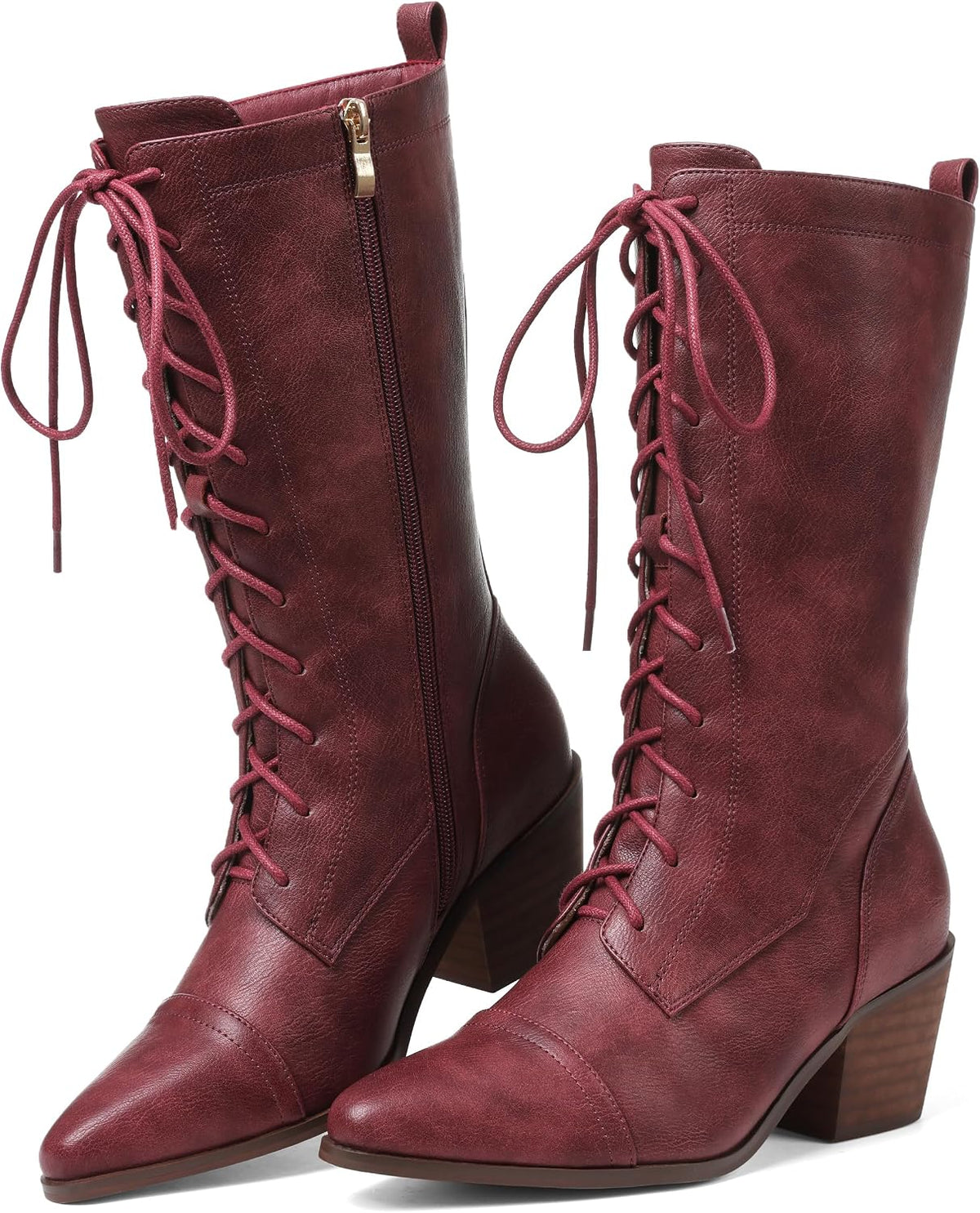 SaraIris Women's Black Mid Calf Boots Lace Up Chunky Heel Vintage Combat Heeled Dress Casual Boots
