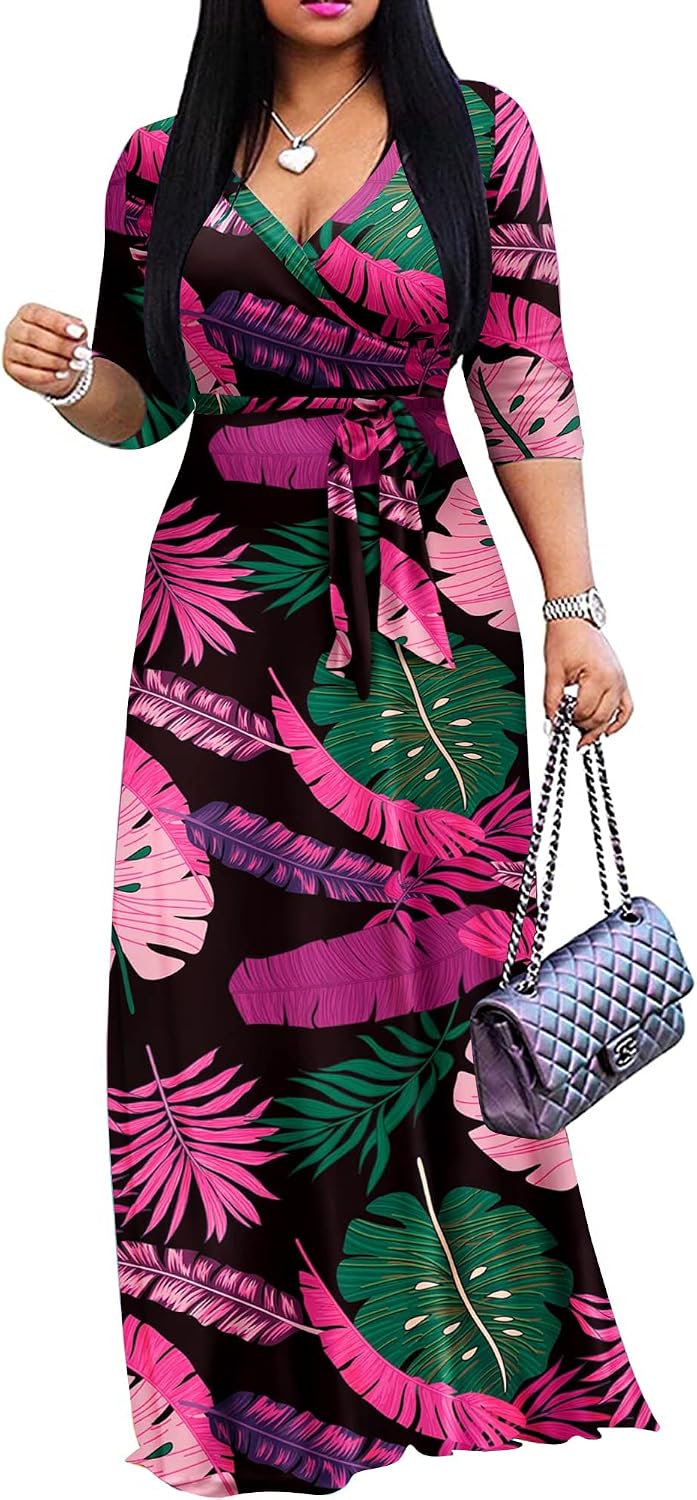 FANDEE Plus Size Maxi Dress for Women Casual Summer Sundress V-Neck 3/4 Sleeve